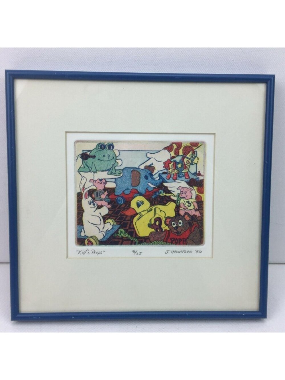 J Thompson '86 "Kid's Props" 18/25 Blue Metal Frame Toys Duck Frog Elephant Pig